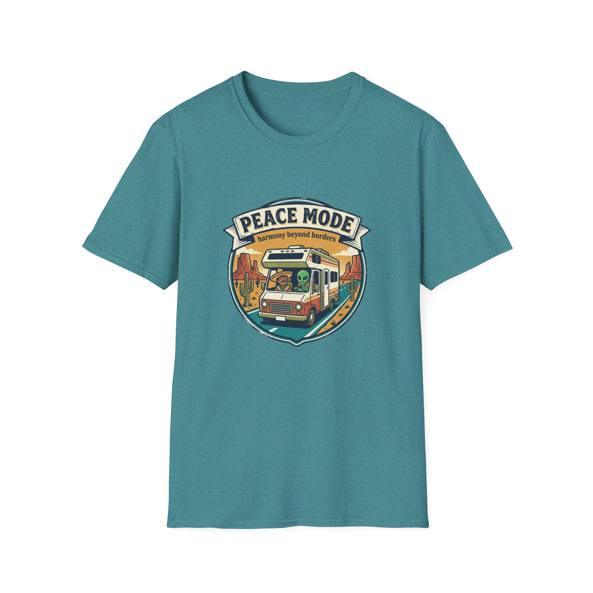 Harmony Beyond Borders RV Road Trip T‑Shirt — Alien & Mexican Driving Together