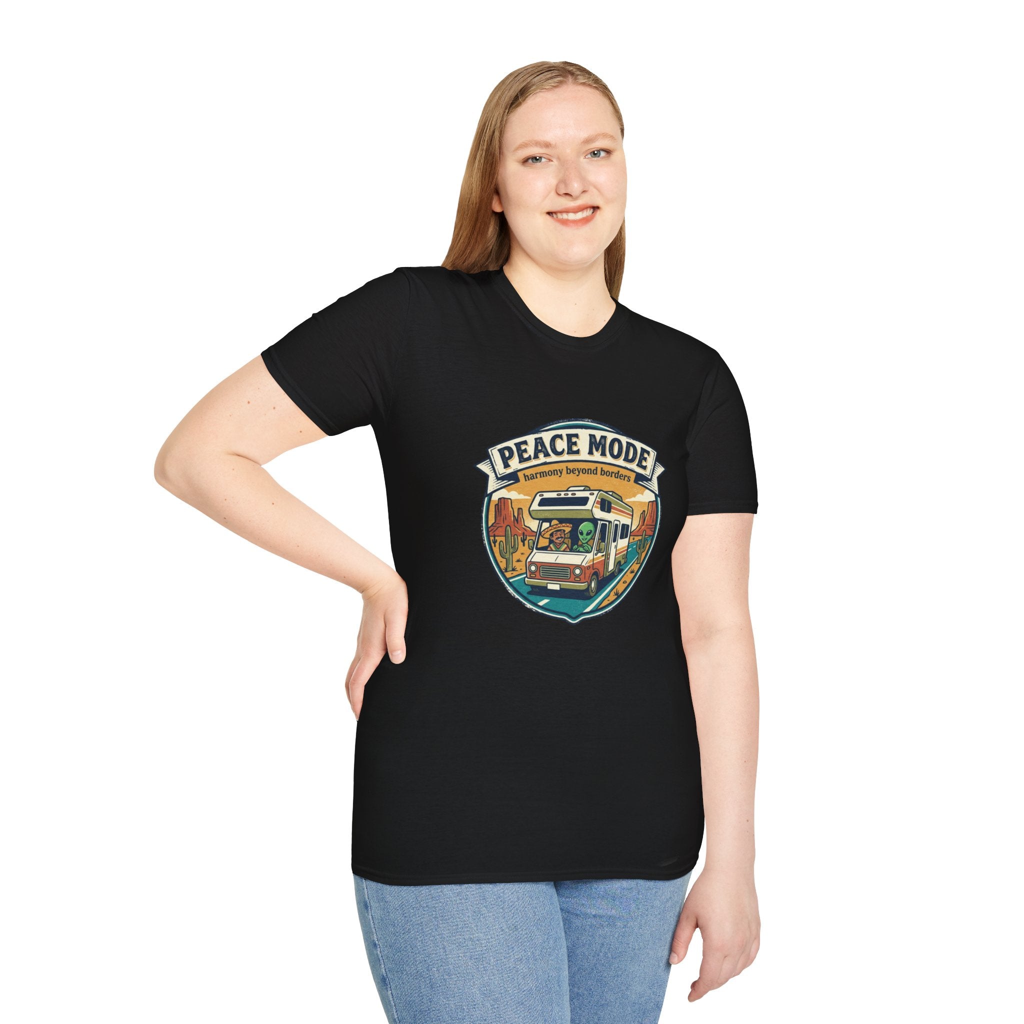 Harmony Beyond Borders RV Road Trip T‑Shirt — Alien & Mexican Driving Together