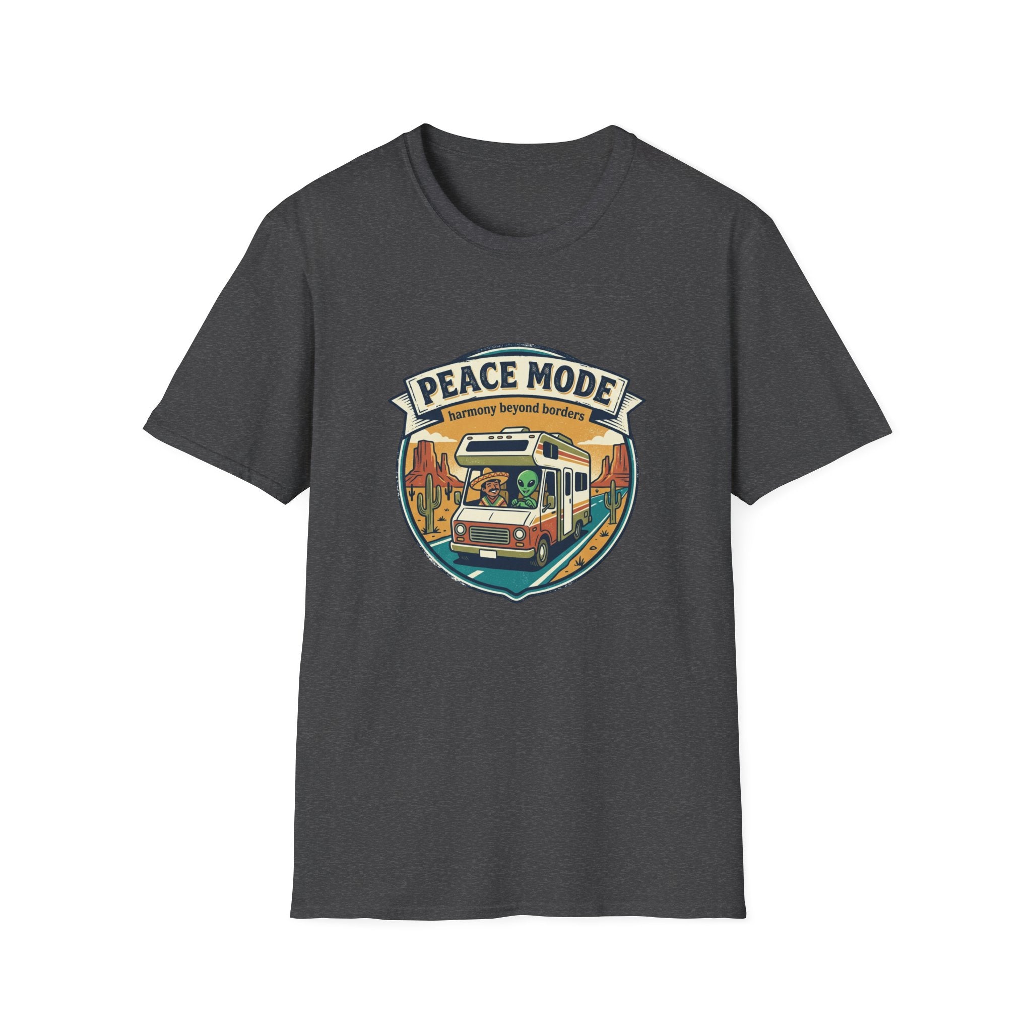 Harmony Beyond Borders RV Road Trip T‑Shirt — Alien & Mexican Driving Together