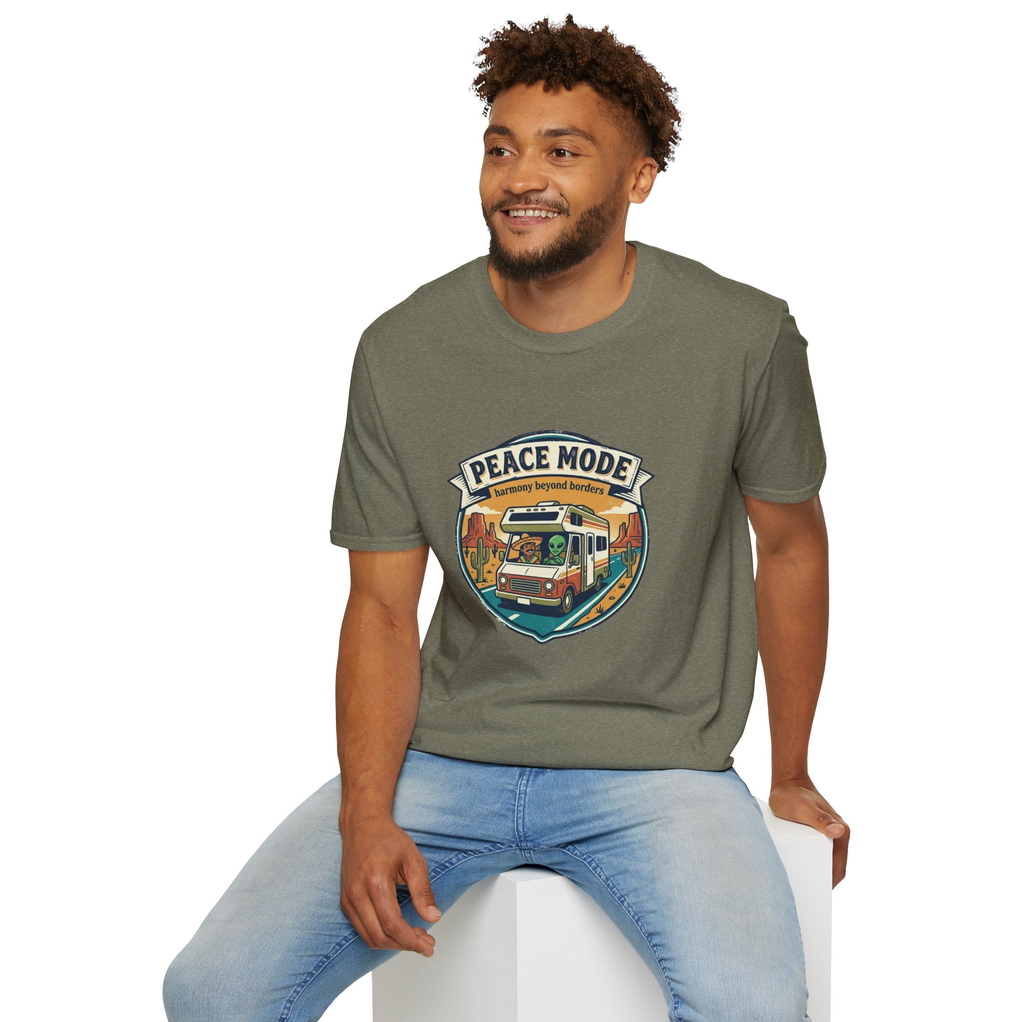 Harmony Beyond Borders RV Road Trip T‑Shirt — Alien & Mexican Driving Together