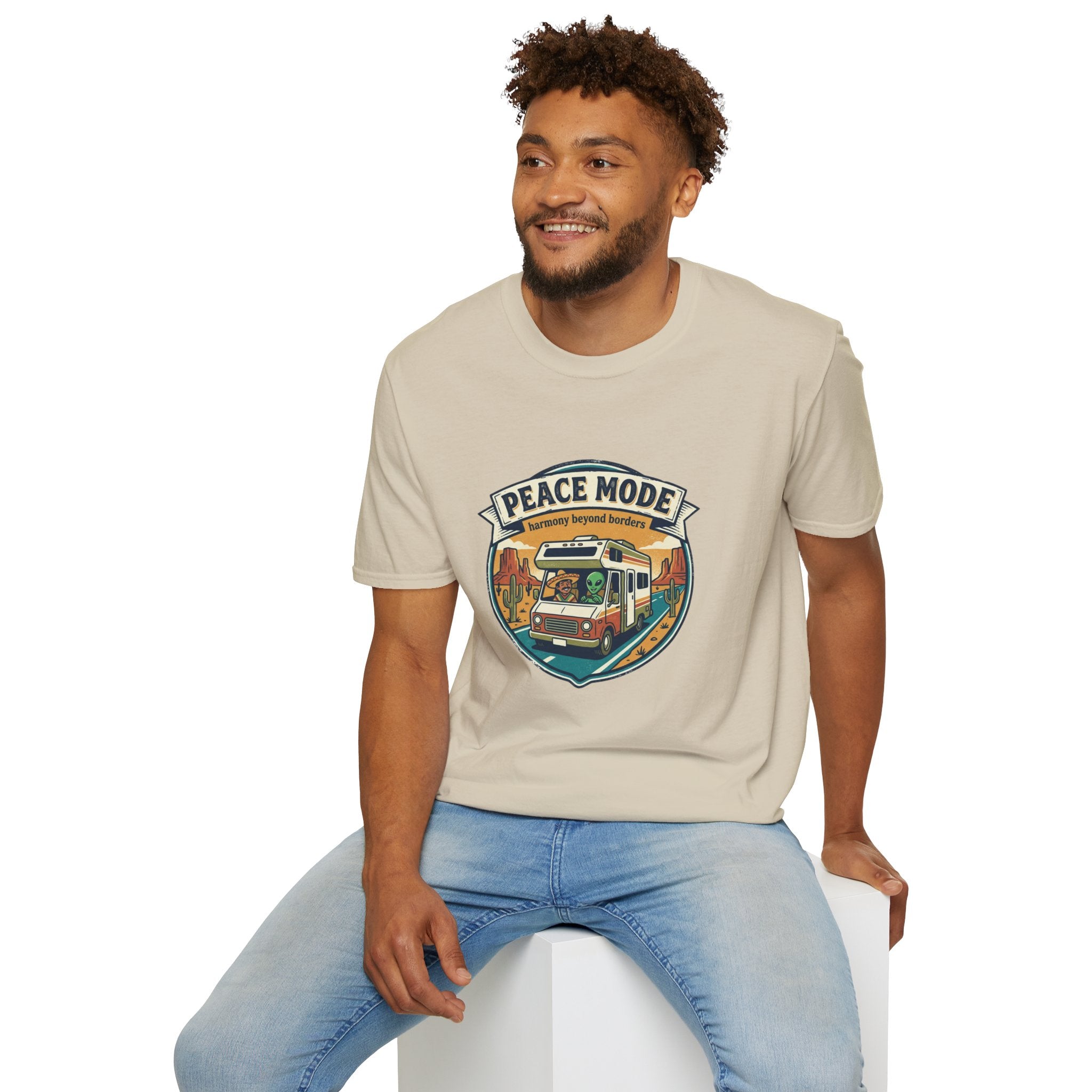 Harmony Beyond Borders RV Road Trip T‑Shirt — Alien & Mexican Driving Together