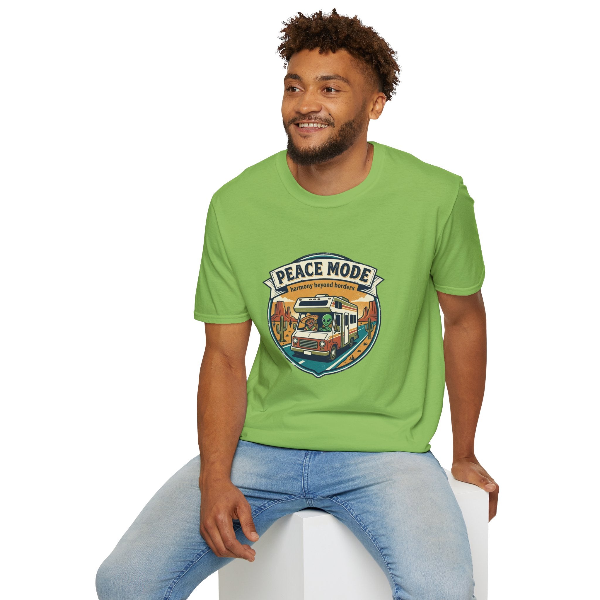 Harmony Beyond Borders RV Road Trip T‑Shirt — Alien & Mexican Driving Together