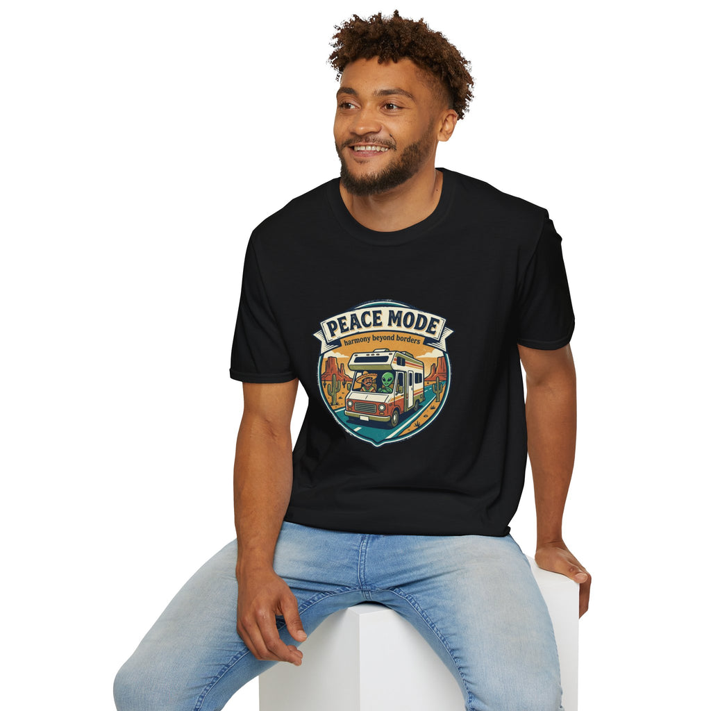Harmony Beyond Borders RV Road Trip T‑Shirt — Alien & Mexican Driving Together