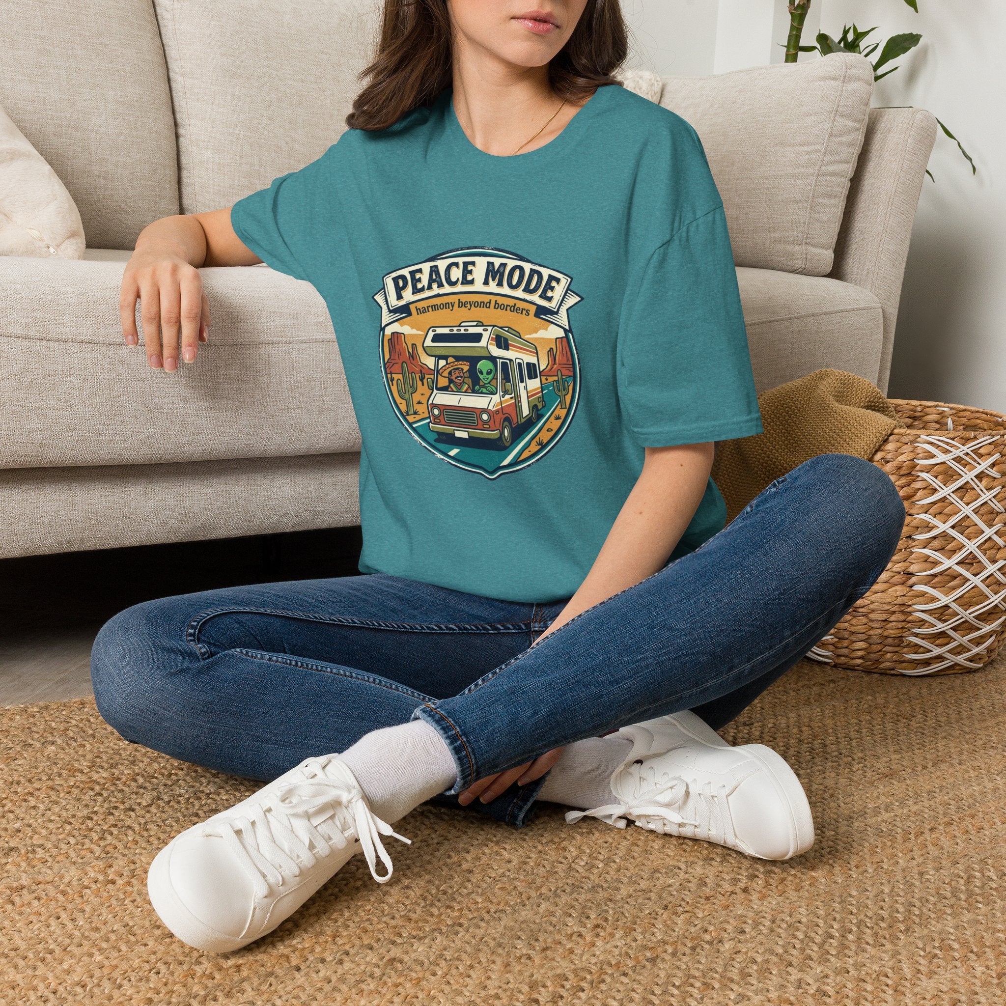 Harmony Beyond Borders RV Road Trip T‑Shirt — Alien & Mexican Driving Together