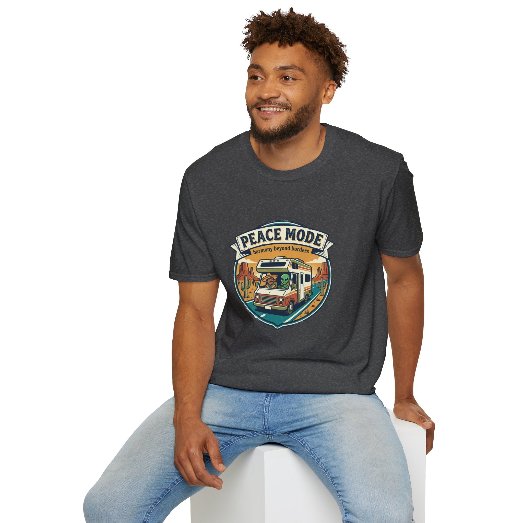 Harmony Beyond Borders RV Road Trip T‑Shirt — Alien & Mexican Driving Together