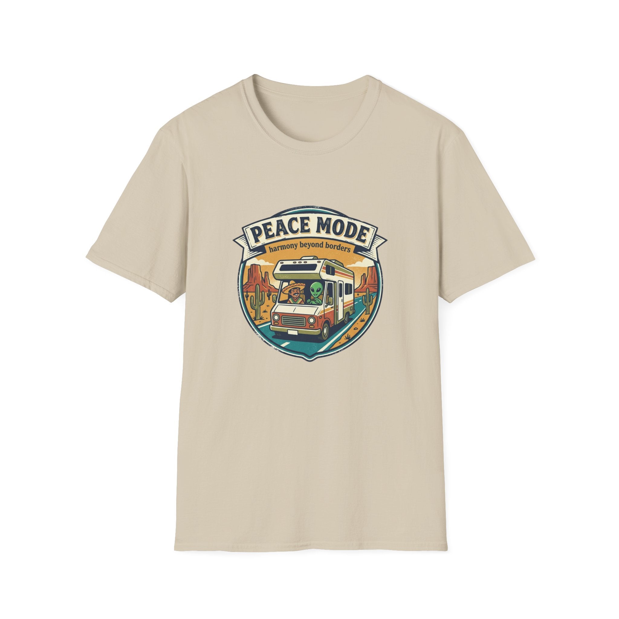 Harmony Beyond Borders RV Road Trip T‑Shirt — Alien & Mexican Driving Together