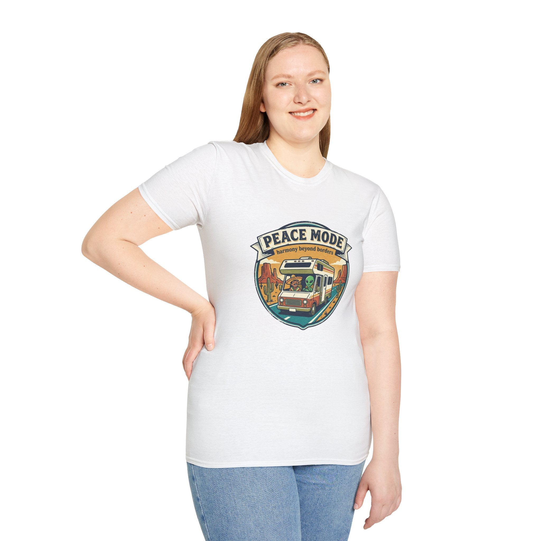 Harmony Beyond Borders RV Road Trip T‑Shirt — Alien & Mexican Driving Together